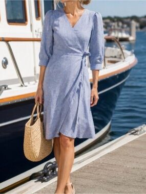 Draper James Slate Blue Wrap Midi Dress with Subtle Multi-Dot